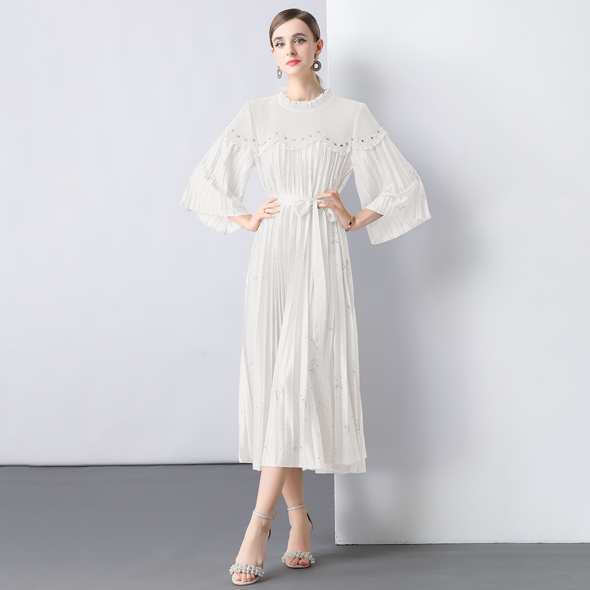 Miyake 2025 design sense heavy industry nail bead nail diamond tie loose dress pleated pleated pleated women's mid length skirt cross-border Miyake 2025 design sense heavy industry nail bead nail diamond tie loose dress pleated pleated pleated women's mid length skirt cross-border