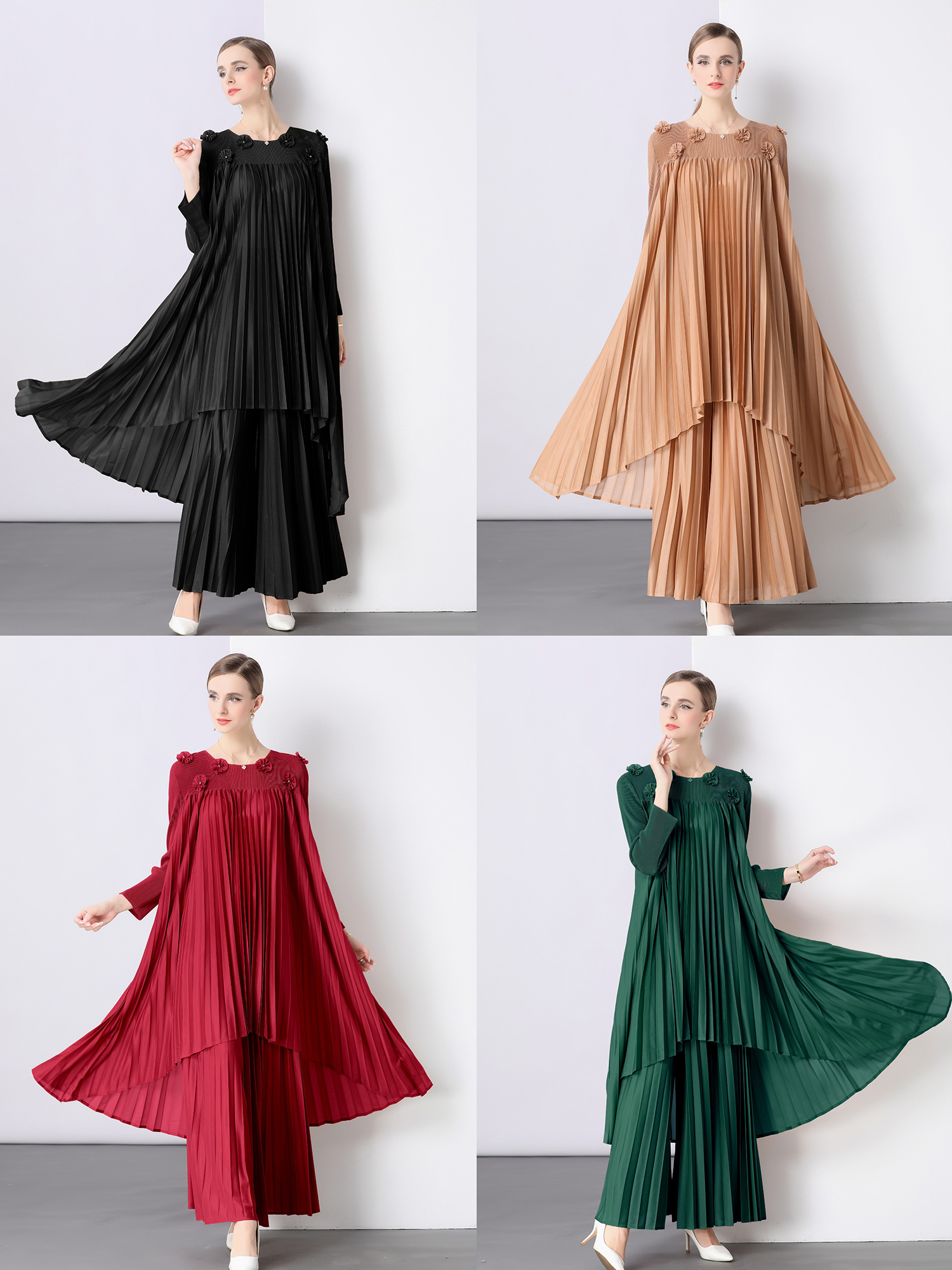 Miyake high-end fabric medium long three-dimensional flower nail bead long sleeved pleated suit high waist slimming pleated wide leg pants Miyake high-end fabric medium long three-dimensional flower nail bead long sleeved pleated suit high waist slimming pleated wide leg pants