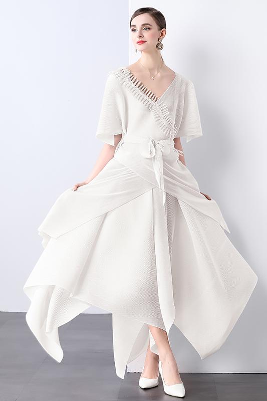 Miyake Foreign Trade Design Jacket Strap Fashion Loose Nail Bead tassel Irregular Wrinkle Solid Color V-neck Set Miyake Foreign Trade Design Jacket Strap Fashion Loose Nail Bead tassel Irregular Wrinkle Solid Color V-neck Set