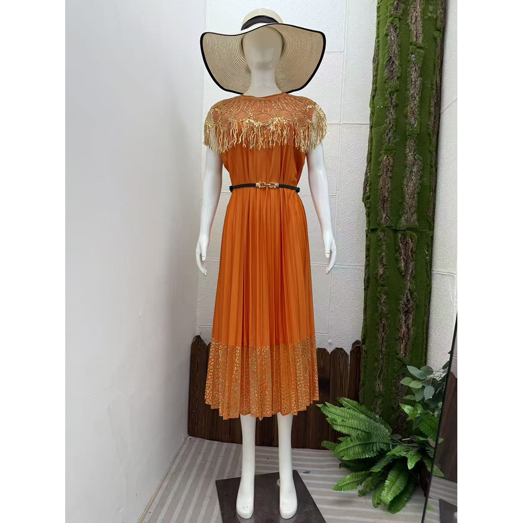 Miyake Cross border Heavy Industry Hot Stamping High end Dress, socialite style sequin decoration design, pleated loose women's long dress Miyake Cross border Heavy Industry Hot Stamping High end Dress, socialite style sequin decoration design, pleated loose women's long dress