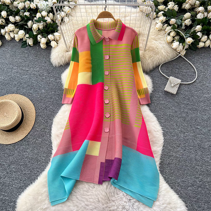 Sanzhai Spring and Autumn Mid length Loose Printed Slimming and Age Reducing Large Size MM Dress with Collar Fold and Nine Cent Sleeve Sanzhai Spring and Autumn Mid length Loose Printed Slimming and Age Reducing Large Size MM Dress with Collar Fold and Nine Cent Sleeve