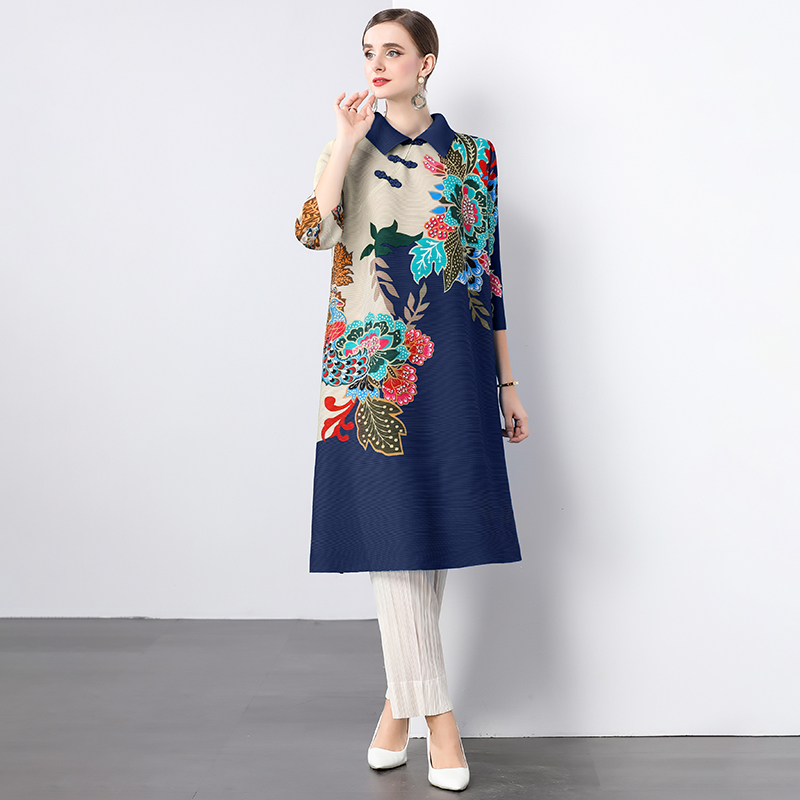 Miyake Chinese style lapel set with diamond print mm outfit with seven quarter sleeves and loose button pleats, shaking skirt, women's dress Miyake Chinese style lapel set with diamond print mm outfit with seven quarter sleeves and loose button pleats, shaking skirt, women's dress