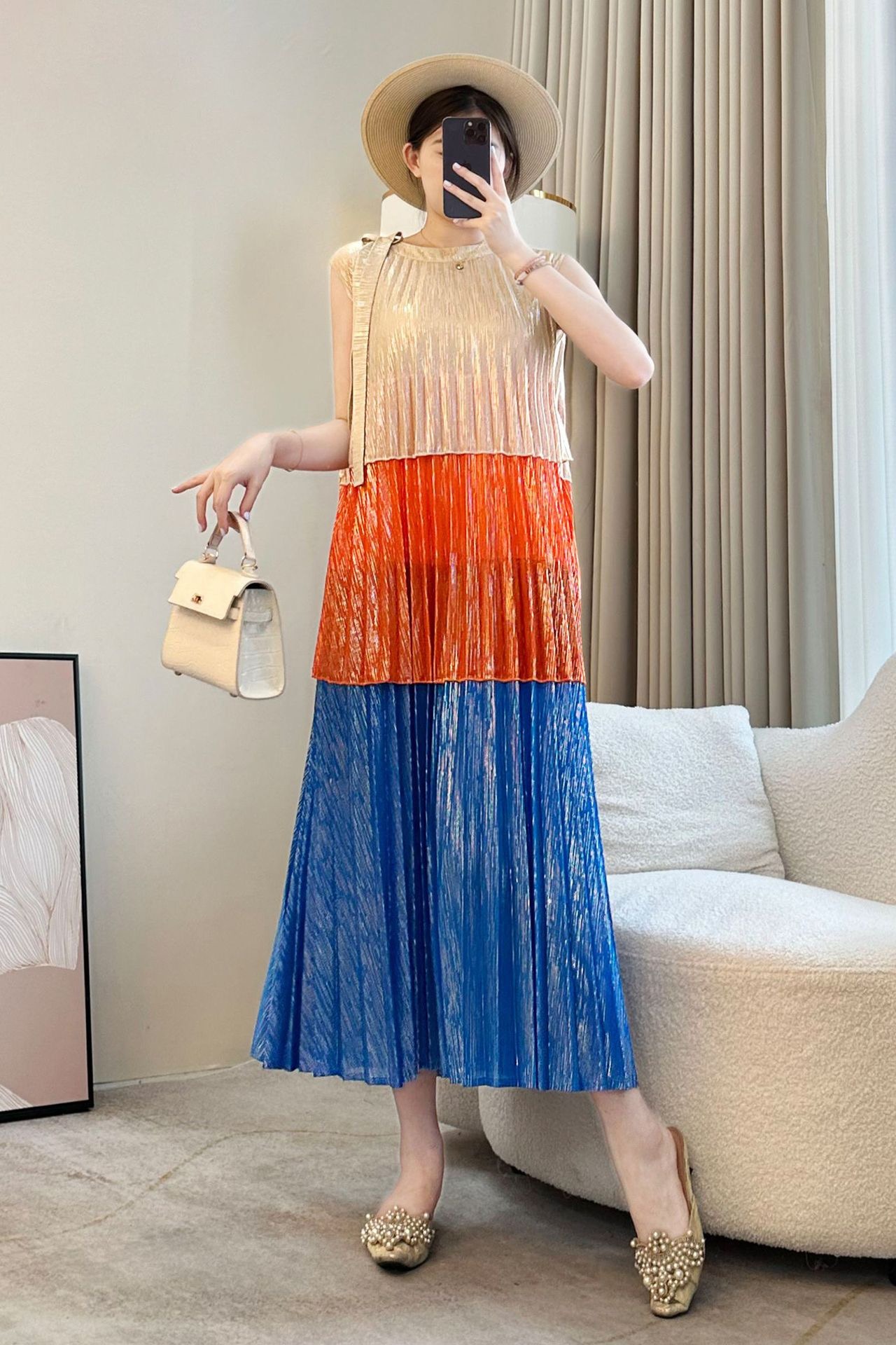 Miyake Seaside Vacation Skirt with Wrinkle Style, Loose and Slimming Tank Top, Gold Plated 2025 Summer High end Thin Dress Miyake Seaside Vacation Skirt with Wrinkle Style, Loose and Slimming Tank Top, Gold Plated 2025 Summer High end Thin Dress