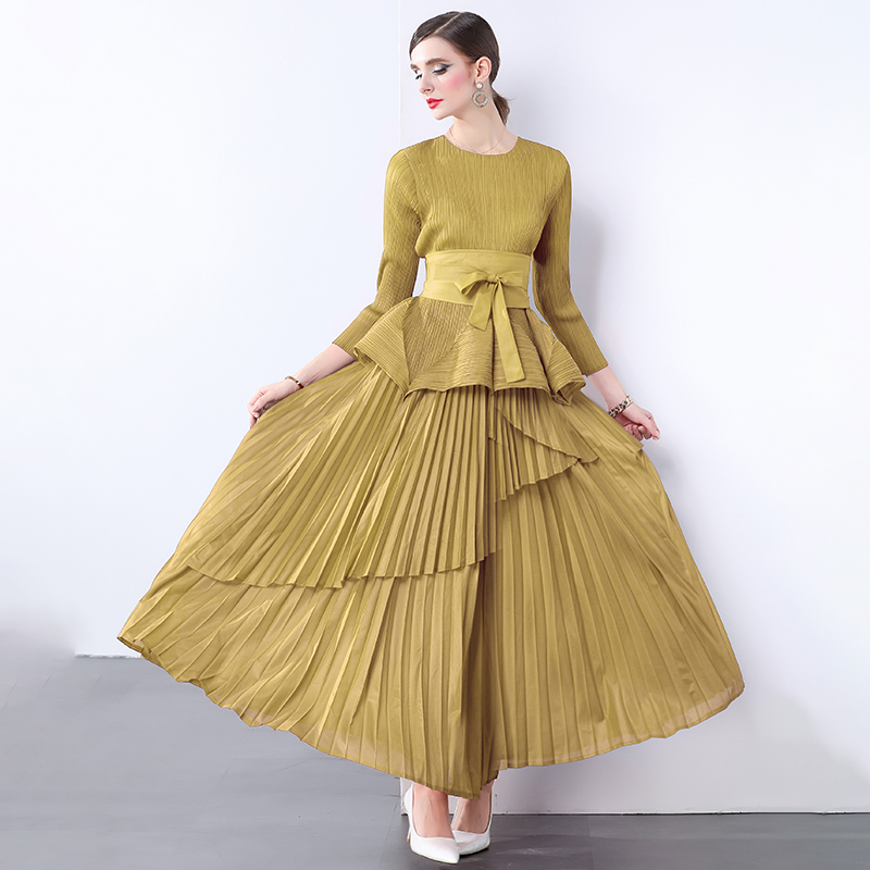 Miyake irregular lantern skirt top, long lace up pleated skirt, foreign trade European and American style pleated set with lining fabric Miyake irregular lantern skirt top, long lace up pleated skirt, foreign trade European and American style pleated set with lining fabric