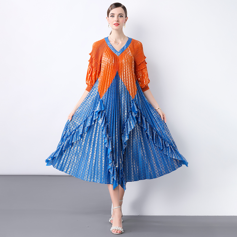 Miyake Summer Cross border Design with Lotus Leaf Edges, Mushroom Edges, Wrinkles, Hot Stamping Printing, Heavy Industry Seaside Vacation Dress Miyake Summer Cross border Design with Lotus Leaf Edges, Mushroom Edges, Wrinkles, Hot Stamping Printing, Heavy Industry Seaside Vacation Dress