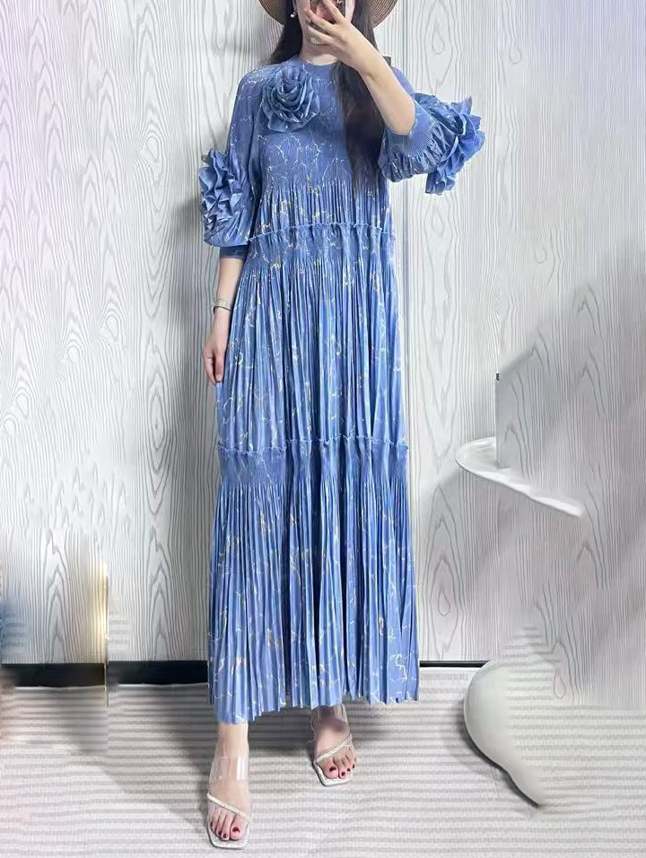 Printed pleated three-dimensional decorative flower plate flower autumn and winter loose slimming cross-border dress high-end lantern sleeve dress Printed pleated three-dimensional decorative flower plate flower autumn and winter loose slimming cross-border dress high-end lantern sleeve dress