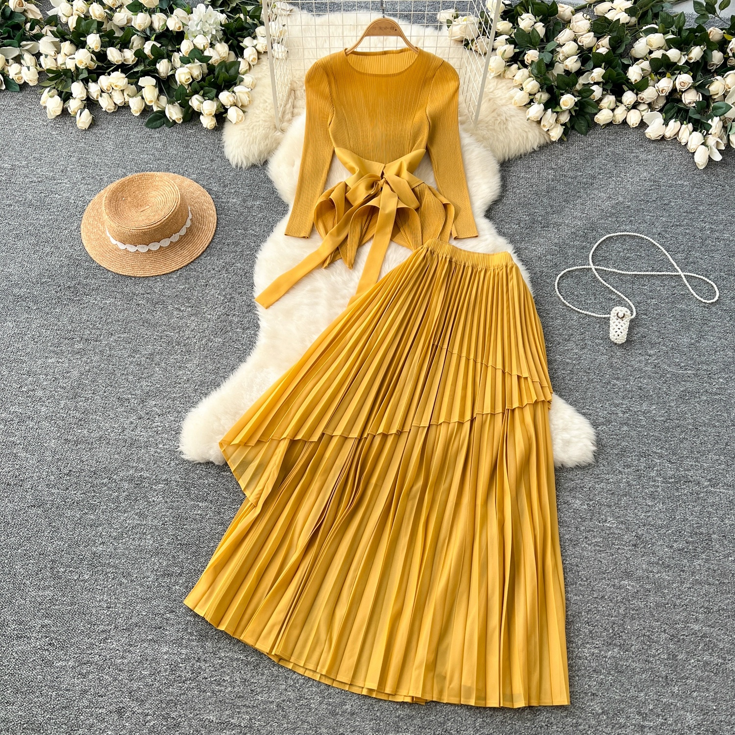 Miyake irregular lantern skirt top, long lace up pleated skirt, foreign trade European and American style pleated set with lining fabric Miyake irregular lantern skirt top, long lace up pleated skirt, foreign trade European and American style pleated set with lining fabric