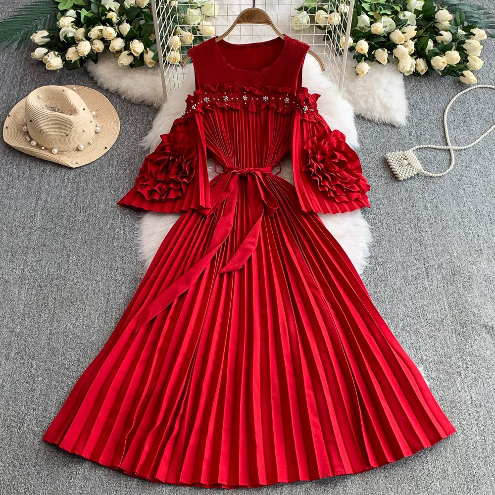 Miyake 2025 new one shoulder flared sleeve three-dimensional flower waist cinching slimming women's pleated dress cross-border nail bead Miyake 2025 new one shoulder flared sleeve three-dimensional flower waist cinching slimming women's pleated dress cross-border nail bead