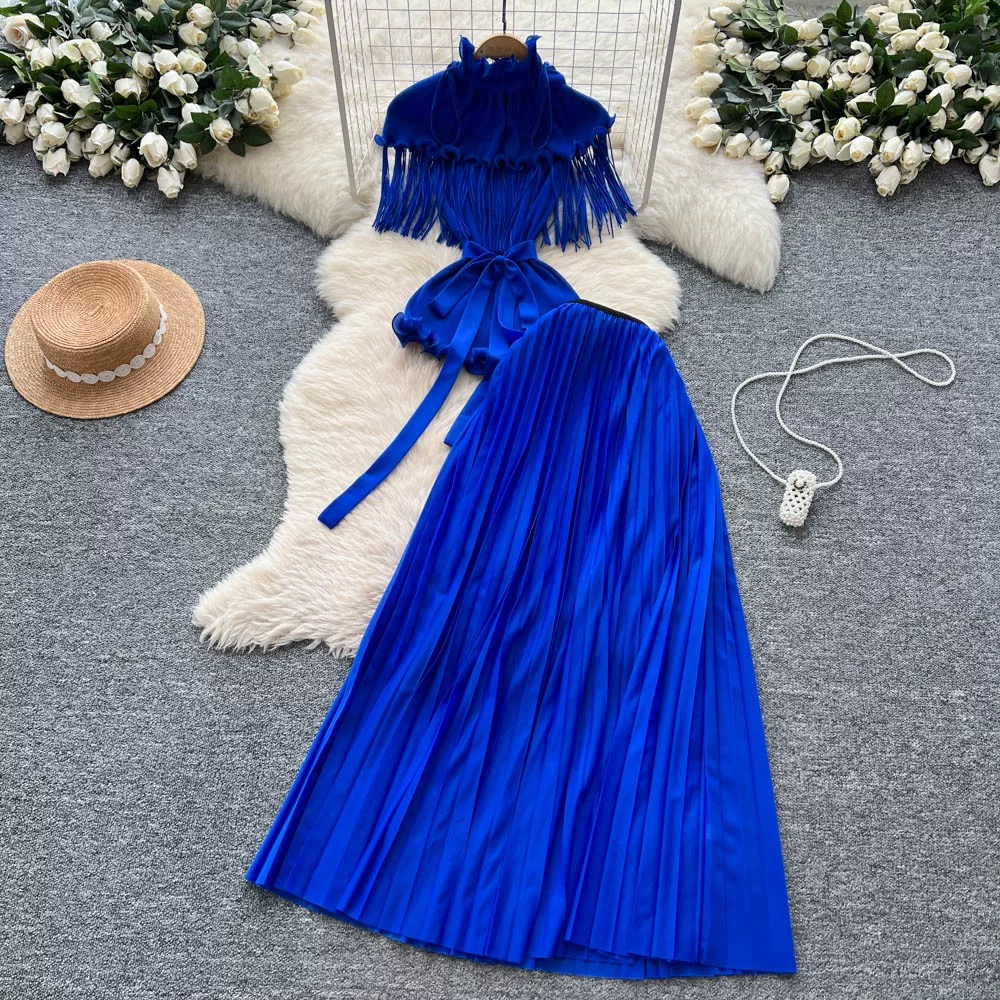 Wrinkled European and American cross-border mushroom edge tassel design with a sense of cinching waist top, pleated skirt, versatile half skirt, light luxury set Wrinkled European and American cross-border mushroom edge tassel design with a sense of cinching waist top, pleated skirt, versatile half skirt, light luxury set