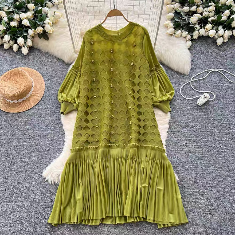 Miyake Cross border European and American Nail Bead Lantern Sleeve Folded Dress with Hollow Design, Loose and Elegant Lotus Leaf Side Length Skirt Miyake Cross border European and American Nail Bead Lantern Sleeve Folded Dress with Hollow Design, Loose and Elegant Lotus Leaf Side Length Skirt