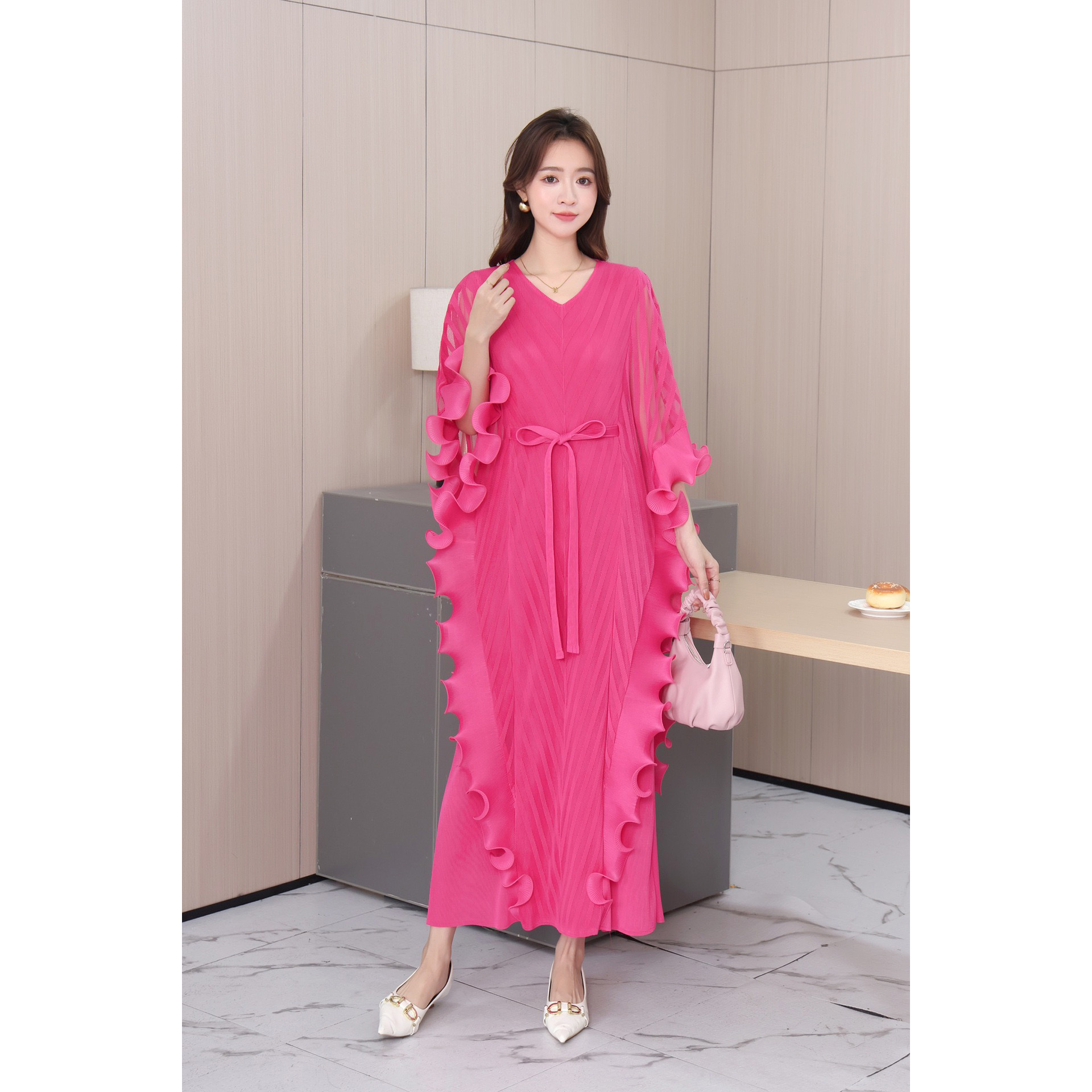 Sanzhai Foreign Trade Secret Edge Mushroom Edge Mesh Fake Two Irregular Design Fold Dress Large Women's Wear