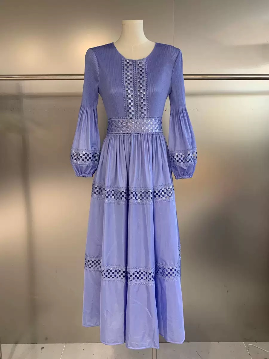 New cross-border three bedroom bohemian style embroidered lace hollow sequin pleated European, American, and African lace dress New cross-border three bedroom bohemian style embroidered lace hollow sequin pleated European, American, and African lace dress