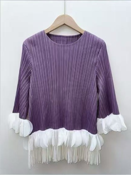 Folded color blocked ruffle edge three-dimensional decoration tassel design sense top autumn coat T-shirt cross-border European and American slim fit Folded color blocked ruffle edge three-dimensional decoration tassel design sense top autumn coat T-shirt cross-border European and American slim fit