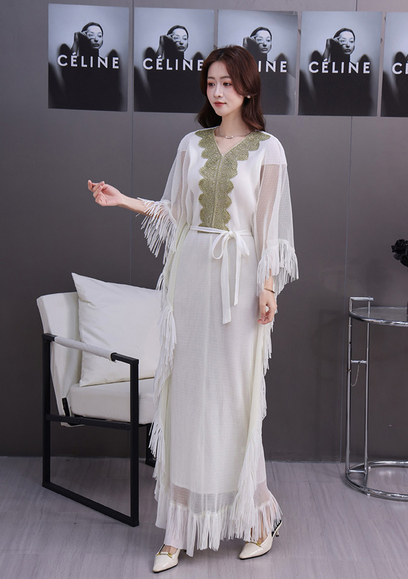 Miyake Cross border Loose Bat Sleeve Tassel Folded Lace Decal Dress Middle Eastern Female Muslim Waist Straw Fabric Miyake Cross border Loose Bat Sleeve Tassel Folded Lace Decal Dress Middle Eastern Female Muslim Waist Straw Fabric