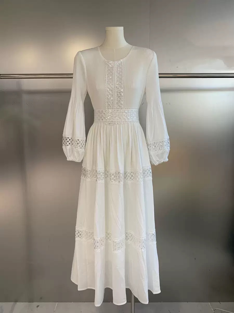 New cross-border three bedroom bohemian style embroidered lace hollow sequin pleated European, American, and African lace dress New cross-border three bedroom bohemian style embroidered lace hollow sequin pleated European, American, and African lace dress