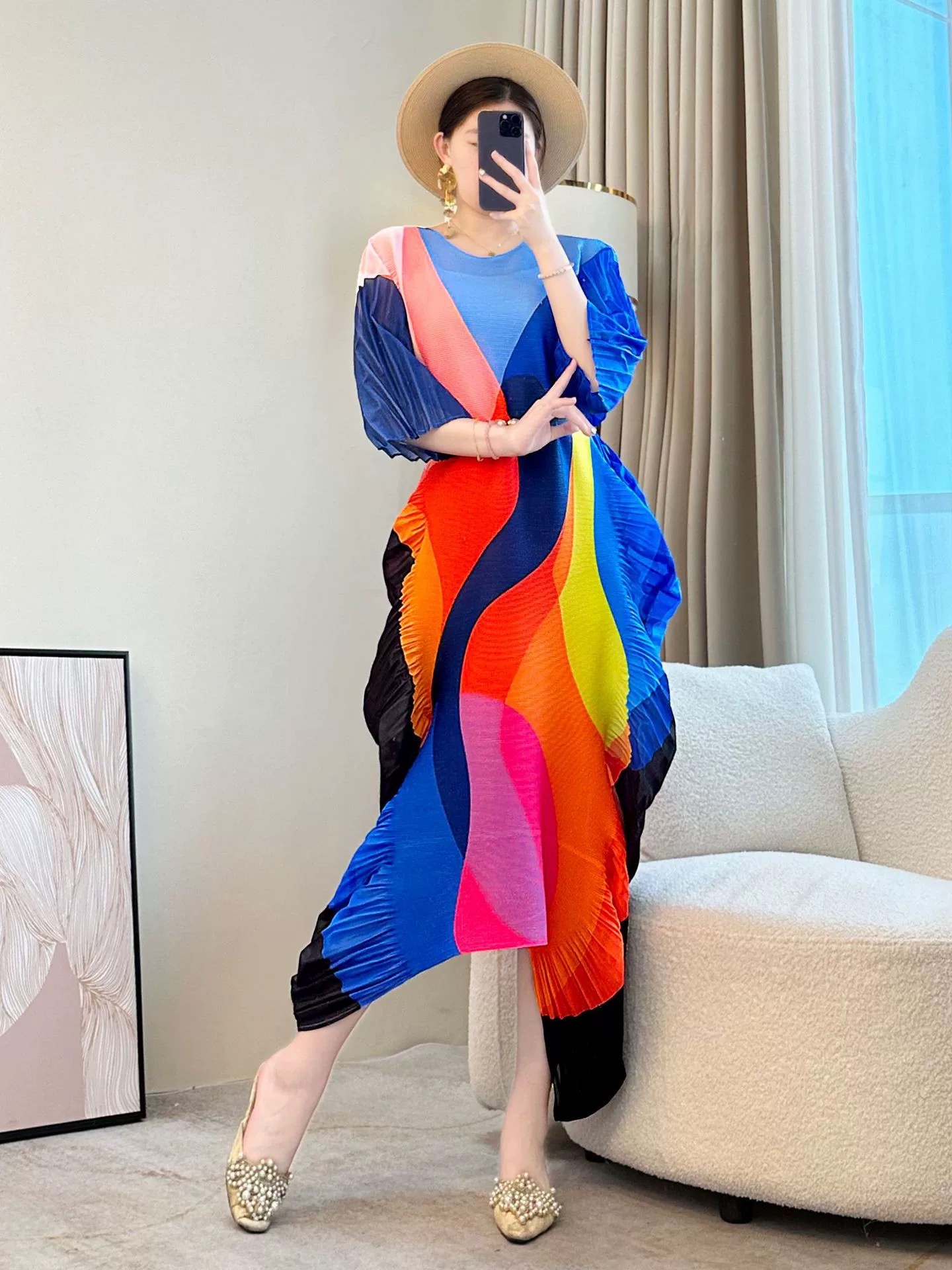 Miyake luxury, irregular ruffle edge design, pleated printed dress, beach vacation, plus size, loose fit for women Miyake luxury, irregular ruffle edge design, pleated printed dress, beach vacation, plus size, loose fit for women