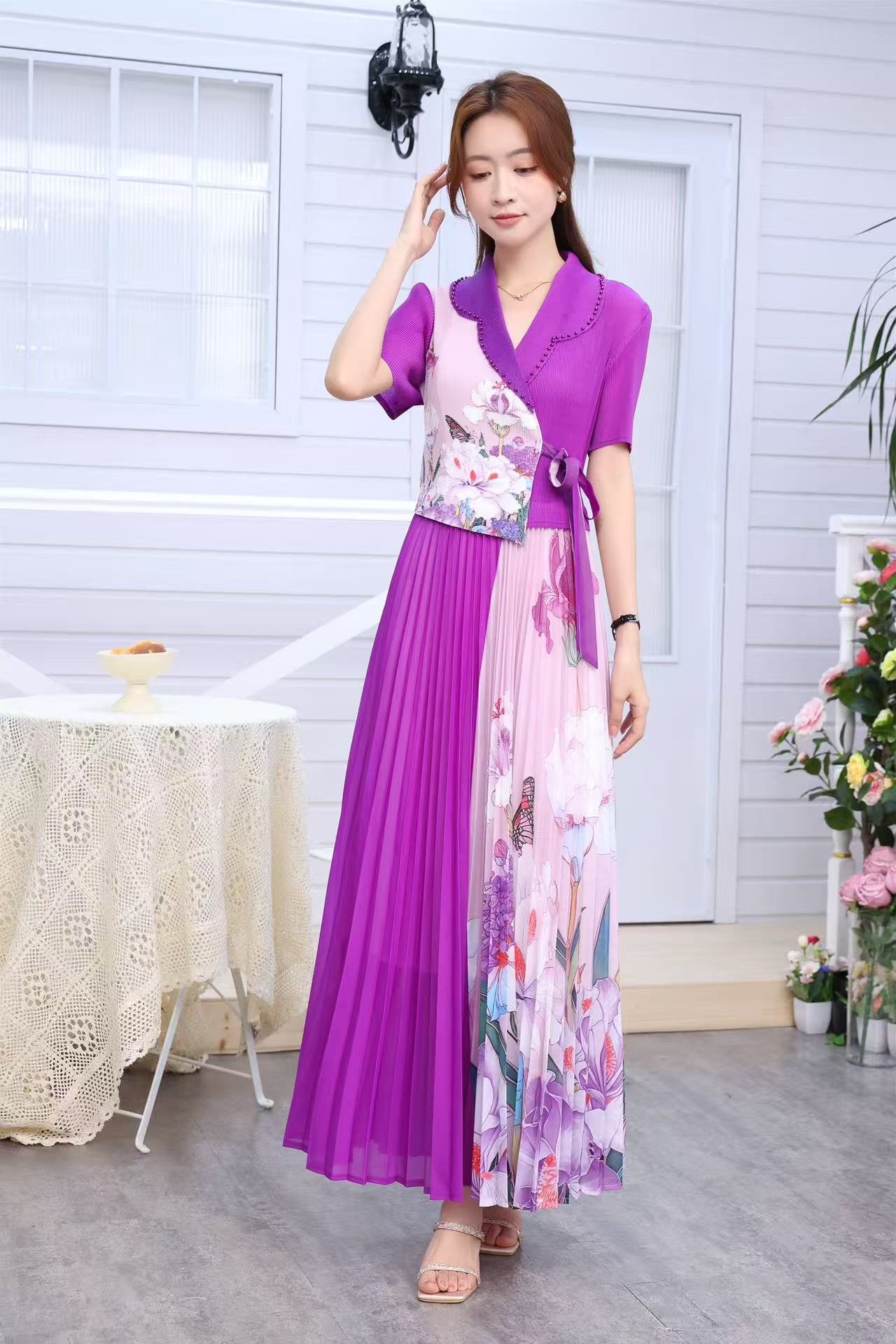 San Zhai 2025 fake two cross-border pleated nail bead pleated dresses in plus size, loose, European and American fashion prints, popular items San Zhai 2025 fake two cross-border pleated nail bead pleated dresses in plus size, loose, European and American fashion prints, popular items