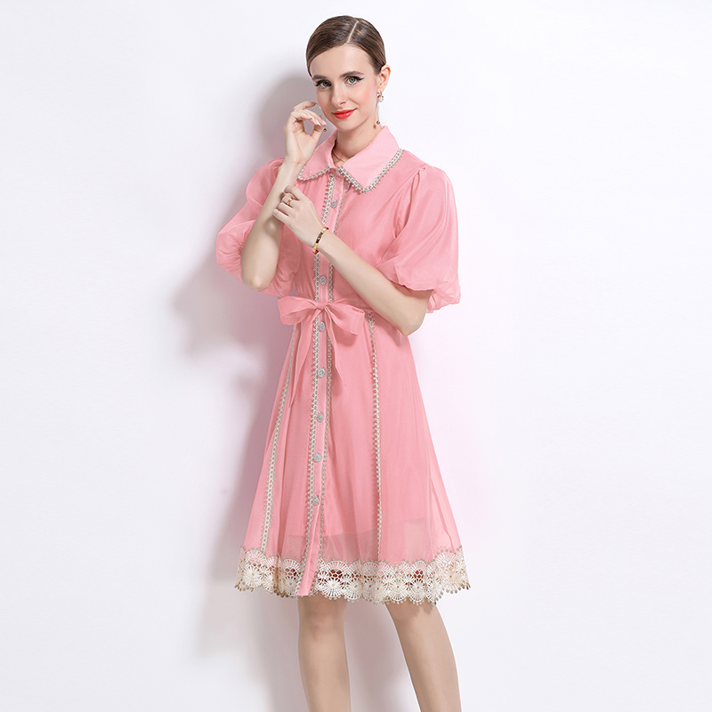 Real time shooting of summer new retro collar single breasted lace lantern sleeve dress Real time shooting of summer new retro collar single breasted lace lantern sleeve dress