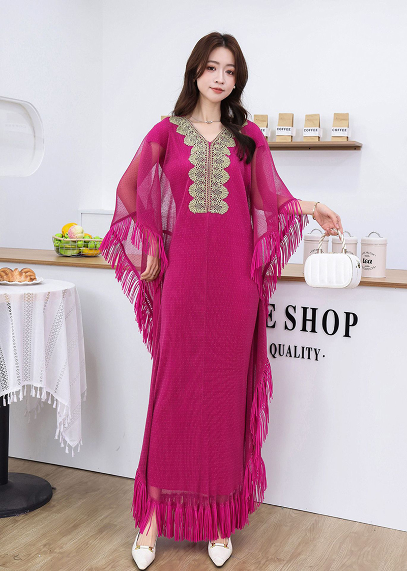 Miyake Cross border Loose Bat Sleeve Tassel Folded Lace Decal Dress Middle Eastern Female Muslim Waist Straw Fabric Miyake Cross border Loose Bat Sleeve Tassel Folded Lace Decal Dress Middle Eastern Female Muslim Waist Straw Fabric