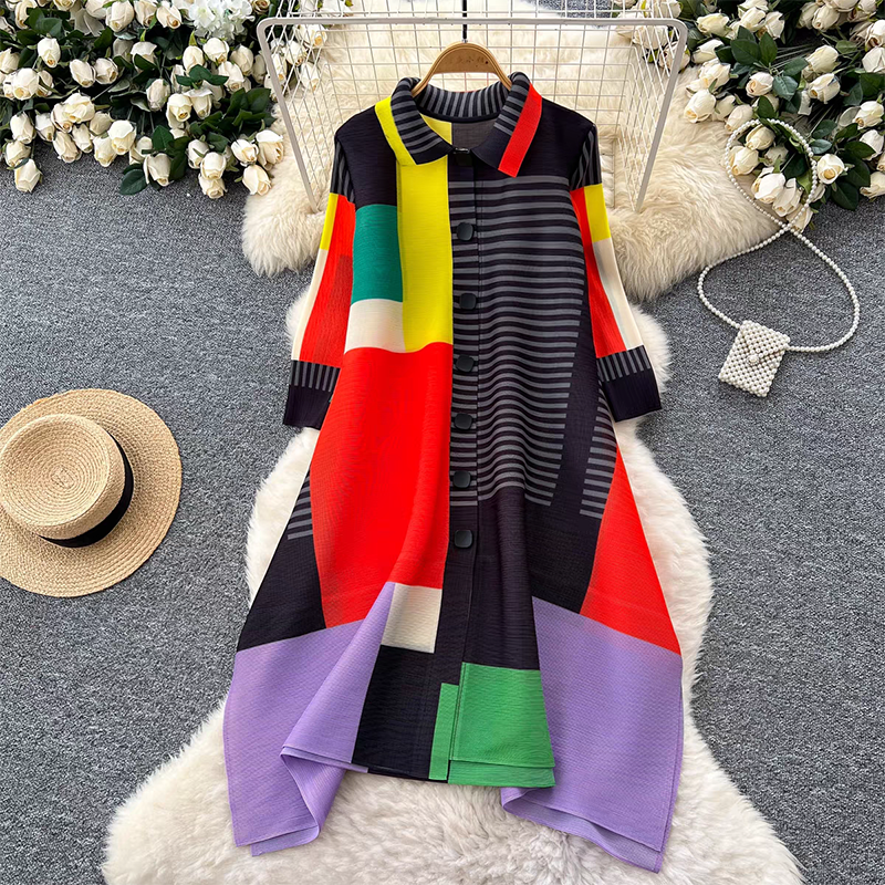 Sanzhai Spring and Autumn Mid length Loose Printed Slimming and Age Reducing Large Size MM Dress with Collar Fold and Nine Cent Sleeve Sanzhai Spring and Autumn Mid length Loose Printed Slimming and Age Reducing Large Size MM Dress with Collar Fold and Nine Cent Sleeve