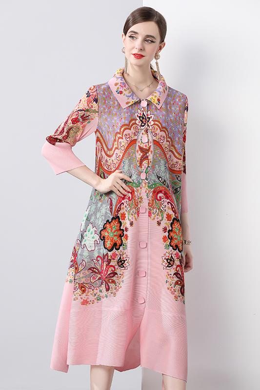 Sanzhai Spring and Autumn Mid length Loose Printed Slimming and Age Reducing Large Size MM Dress with Collar Fold and Nine Cent Sleeve Sanzhai Spring and Autumn Mid length Loose Printed Slimming and Age Reducing Large Size MM Dress with Collar Fold and Nine Cent Sleeve