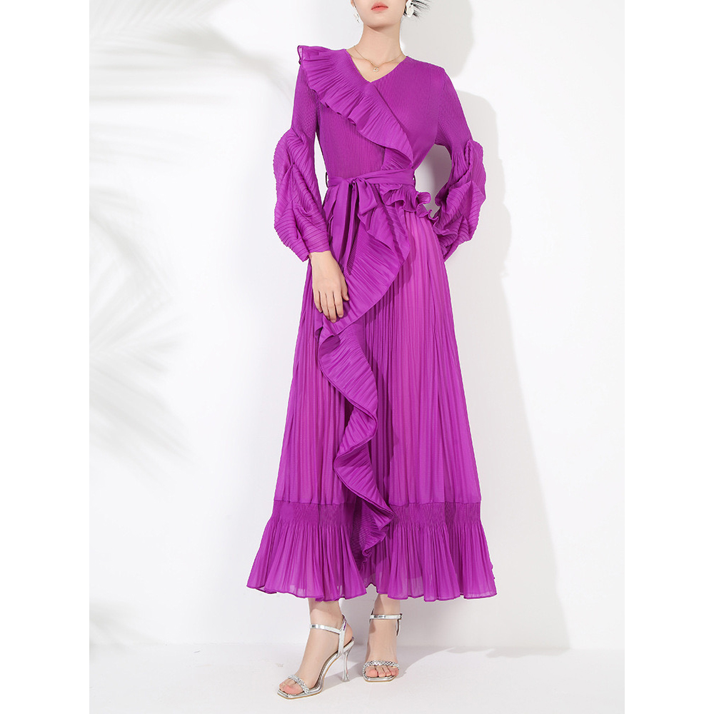 Miyake V-neck long sleeved lace up ruffle edge pleated socialite French dress with floral bud sleeves, big swing skirt, solid color dress Miyake V-neck long sleeved lace up ruffle edge pleated socialite French dress with floral bud sleeves, big swing skirt, solid color dress