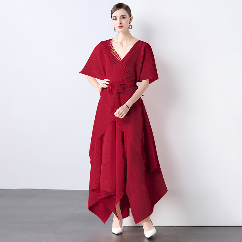 Miyake Foreign Trade Design Jacket Strap Fashion Loose Nail Bead tassel Irregular Wrinkle Solid Color V-neck Set Miyake Foreign Trade Design Jacket Strap Fashion Loose Nail Bead tassel Irregular Wrinkle Solid Color V-neck Set