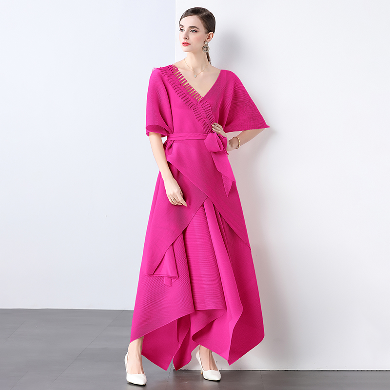 Miyake Foreign Trade Design Jacket Strap Fashion Loose Nail Bead tassel Irregular Wrinkle Solid Color V-neck Set Miyake Foreign Trade Design Jacket Strap Fashion Loose Nail Bead tassel Irregular Wrinkle Solid Color V-neck Set