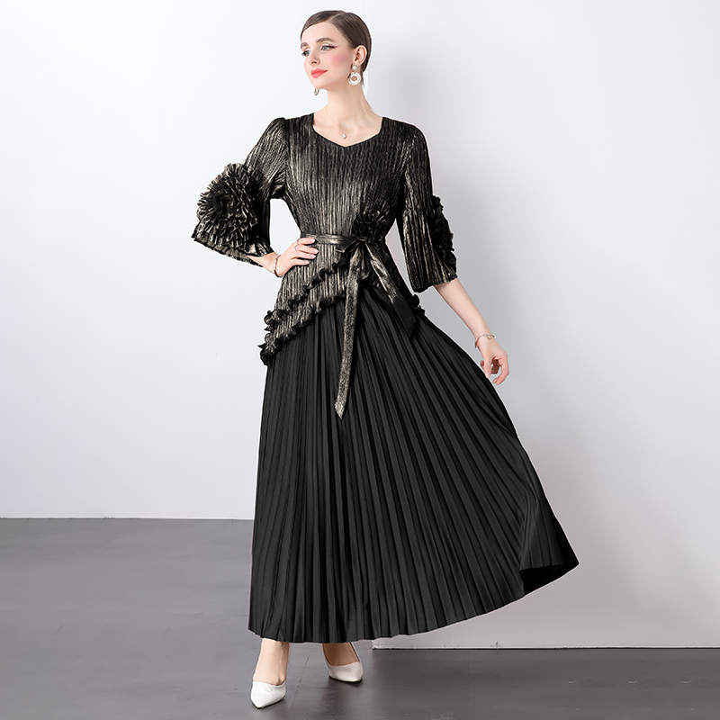 Miyake Foreign Trade Fashion Hot Stamping Curled Edge Plate Flower Design Sense Strap Top High Waist Long Hundred Fold Half Skirt Set Miyake Foreign Trade Fashion Hot Stamping Curled Edge Plate Flower Design Sense Strap Top High Waist Long Hundred Fold Half Skirt Set