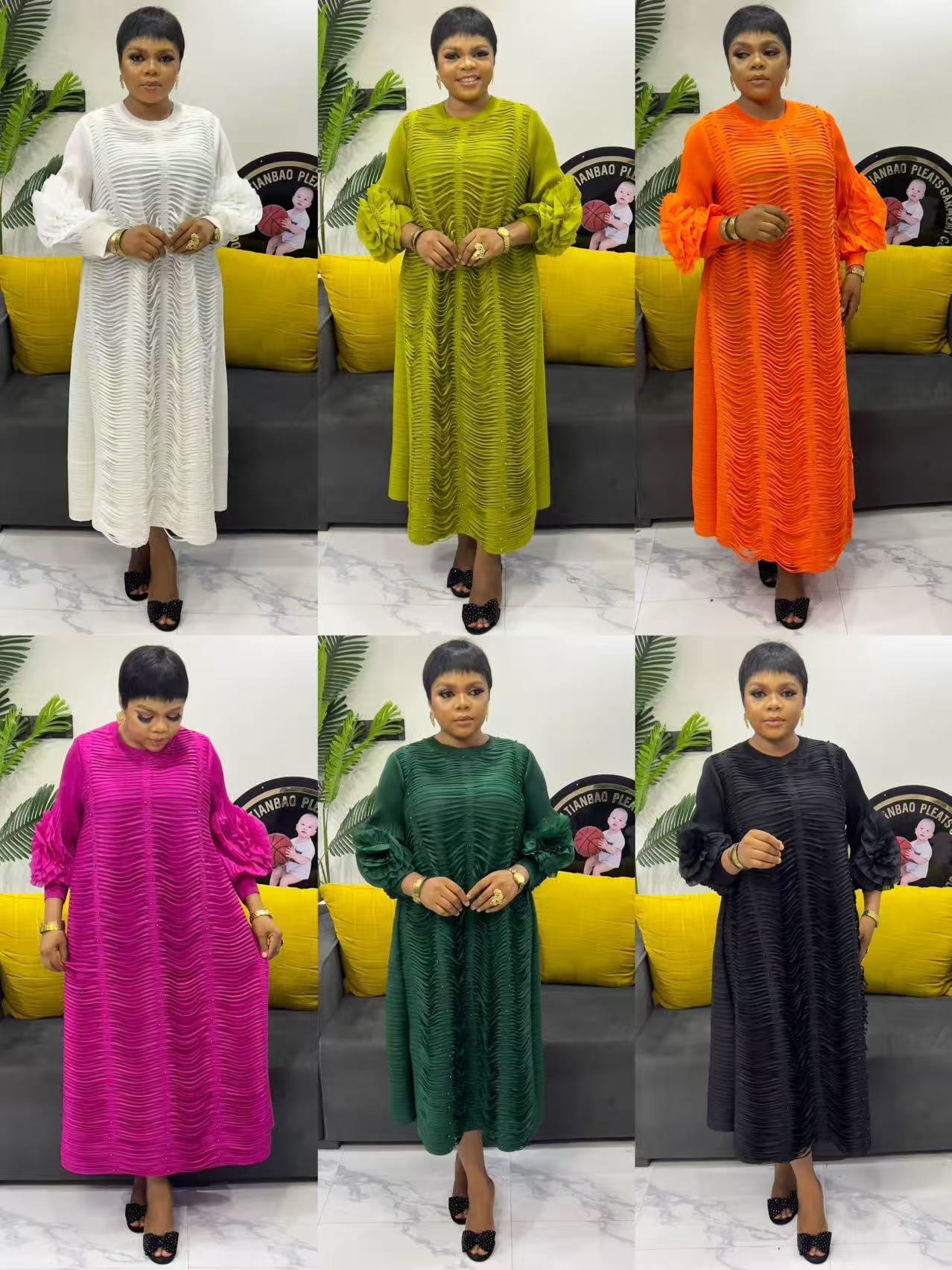 Miyake cross-border nail bead hollow tassel plate flower pleated high-end European and American plus size round neck heavy industry lantern sleeve long skirt for women