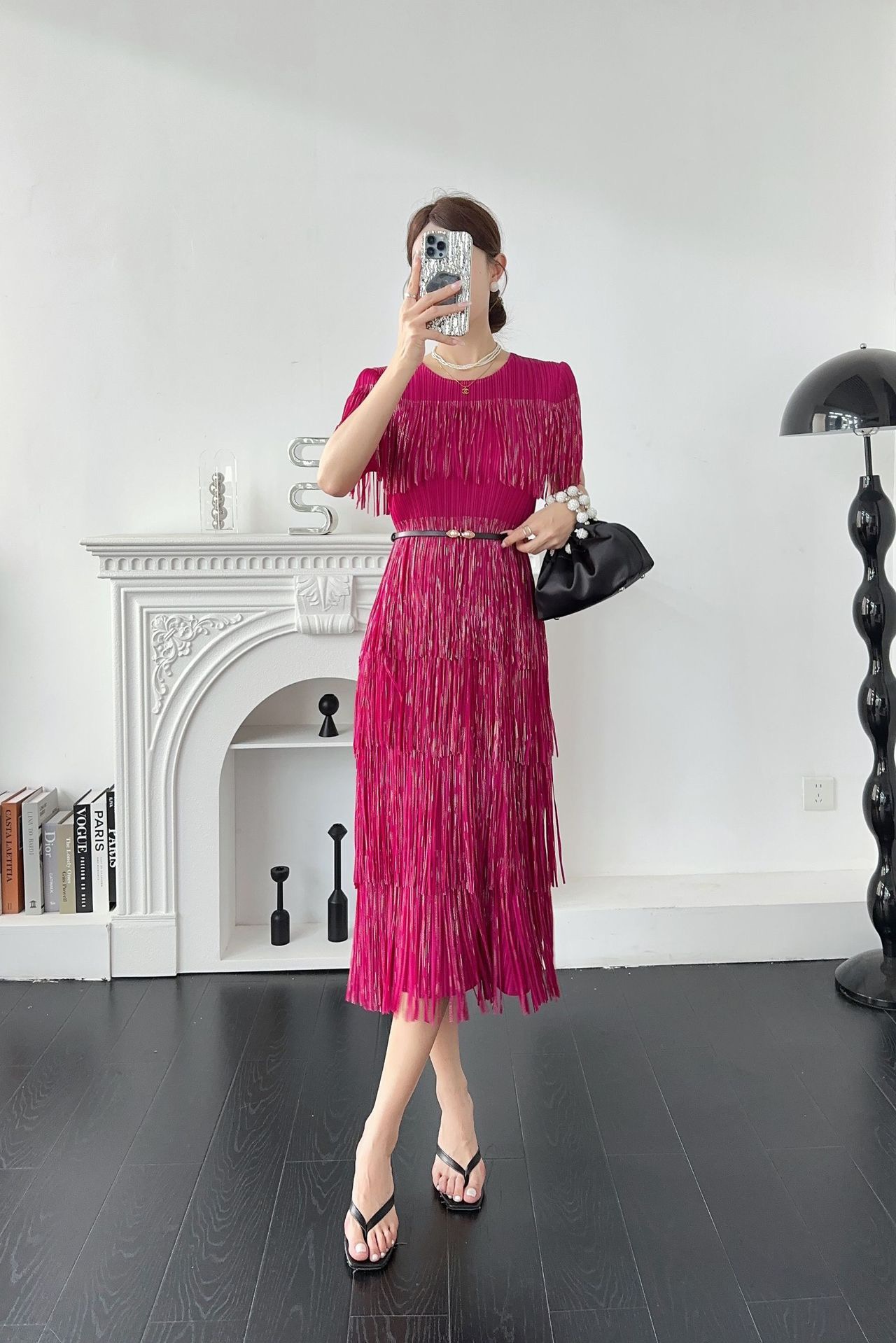 Miyake 2025 foreign trade hot stamping tassel cake skirt European and American short sleeved summer new elegant loose pleated dress Miyake 2025 foreign trade hot stamping tassel cake skirt European and American short sleeved summer new elegant loose pleated dress