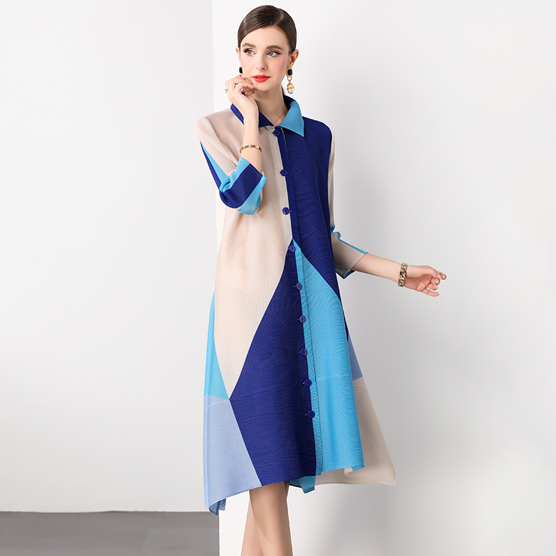 Sanzhai Spring and Autumn Mid length Loose Printed Slimming and Age Reducing Large Size MM Dress with Collar Fold and Nine Cent Sleeve Sanzhai Spring and Autumn Mid length Loose Printed Slimming and Age Reducing Large Size MM Dress with Collar Fold and Nine Cent Sleeve