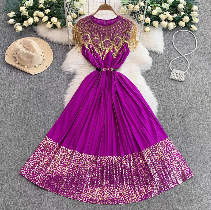 Miyake Cross border Heavy Industry Hot Stamping High end Dress, socialite style sequin decoration design, pleated loose women's long dress Miyake Cross border Heavy Industry Hot Stamping High end Dress, socialite style sequin decoration design, pleated loose women's long dress