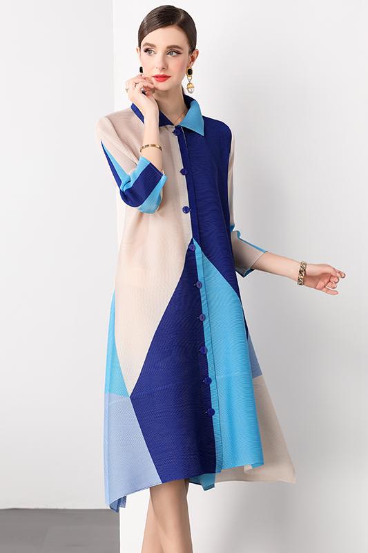 Sanzhai Spring and Autumn Mid length Loose Printed Slimming and Age Reducing Large Size MM Dress with Collar Fold and Nine Cent Sleeve Sanzhai Spring and Autumn Mid length Loose Printed Slimming and Age Reducing Large Size MM Dress with Collar Fold and Nine Cent Sleeve