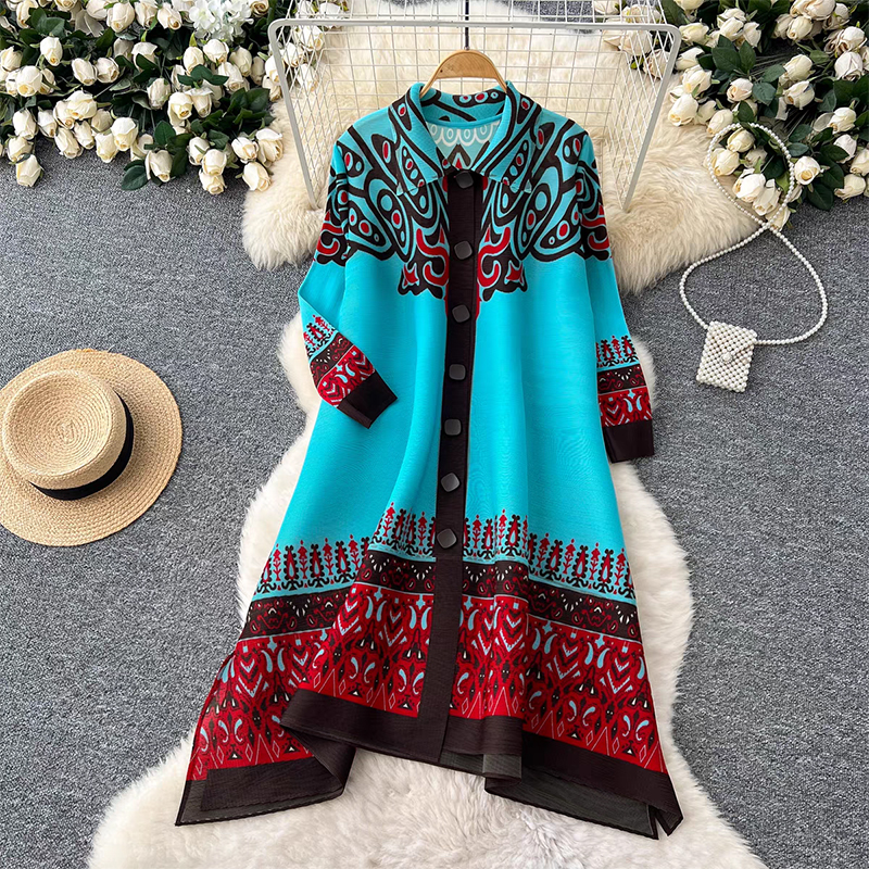 Sanzhai Spring and Autumn Mid length Loose Printed Slimming and Age Reducing Large Size MM Dress with Collar Fold and Nine Cent Sleeve Sanzhai Spring and Autumn Mid length Loose Printed Slimming and Age Reducing Large Size MM Dress with Collar Fold and Nine Cent Sleeve