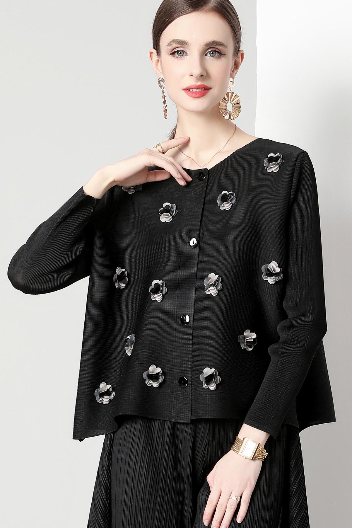 Sanzhai Foreign Trade Loose and Versatile Three Dimensional Decoration Small Fragrant Style Design Feel Folded Small Coat Casual Long Sleeve Top for Women Sanzhai Foreign Trade Loose and Versatile Three Dimensional Decoration Small Fragrant Style Design Feel Folded Small Coat Casual Long Sleeve Top for Women
