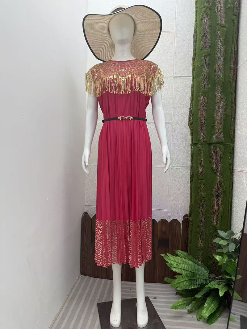 Miyake Cross border Heavy Industry Hot Stamping High end Dress, socialite style sequin decoration design, pleated loose women's long dress Miyake Cross border Heavy Industry Hot Stamping High end Dress, socialite style sequin decoration design, pleated loose women's long dress