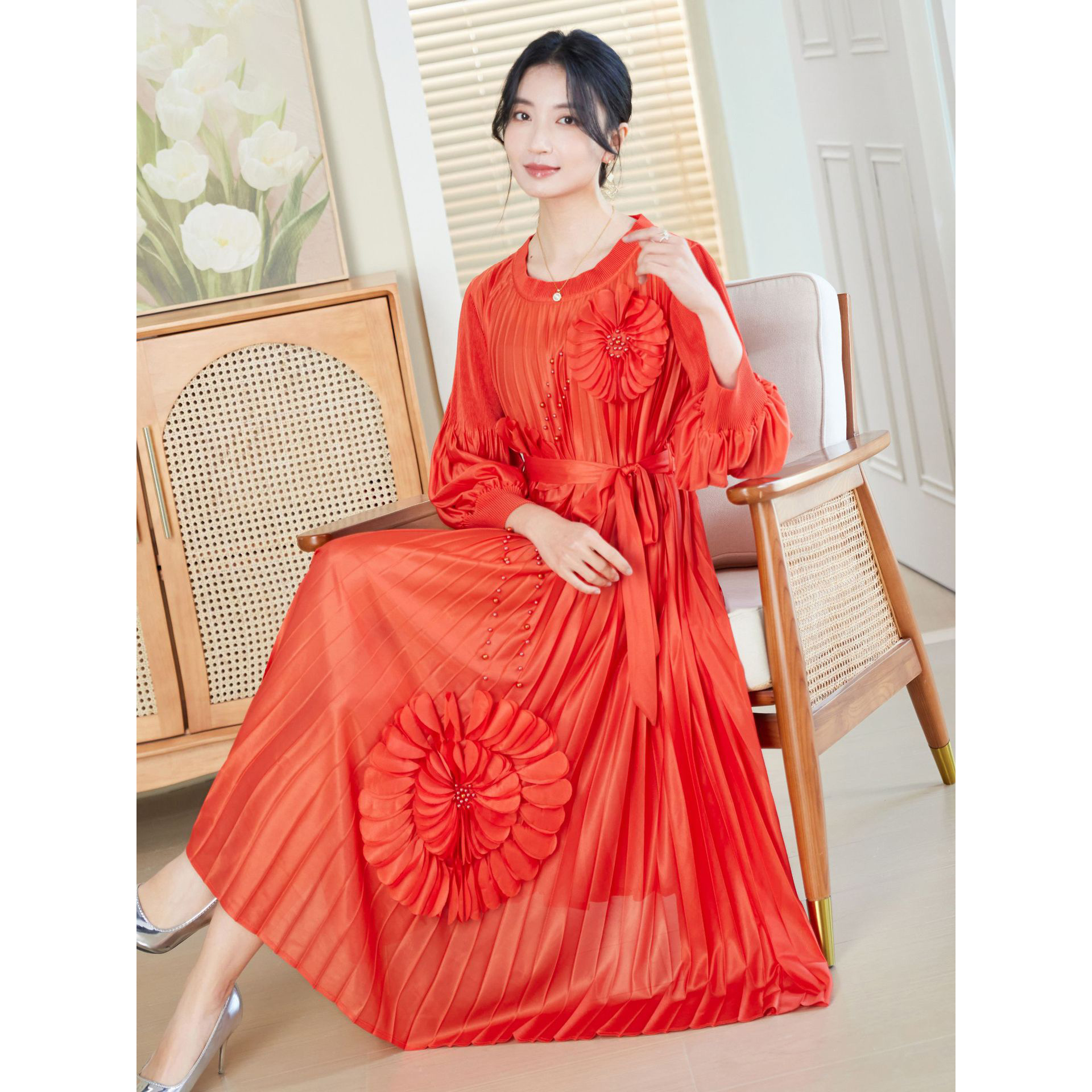 Miyake Europe and America Cross border Elegant Heavy Industry Three dimensional Flower Nail Bead Pendant Dress Loose Folded Dress for Women Miyake Europe and America Cross border Elegant Heavy Industry Three dimensional Flower Nail Bead Pendant Dress Loose Folded Dress for Women