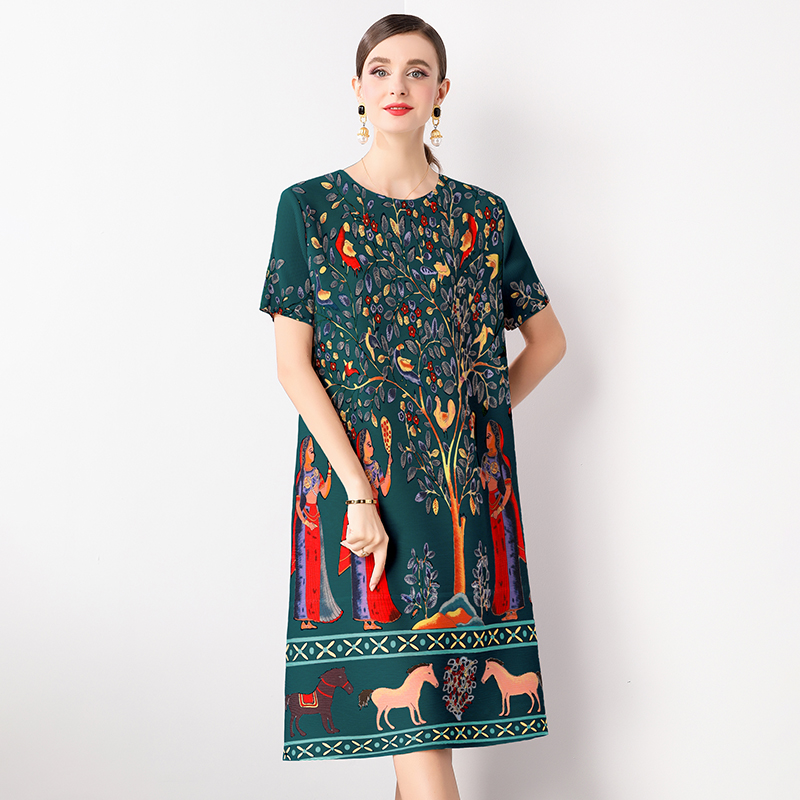 Retro printed pleated dress for women's stay at home mom, new fashionable temperament, plus size loose slimming mid length skirt Retro printed pleated dress for women's stay at home mom, new fashionable temperament, plus size loose slimming mid length skirt