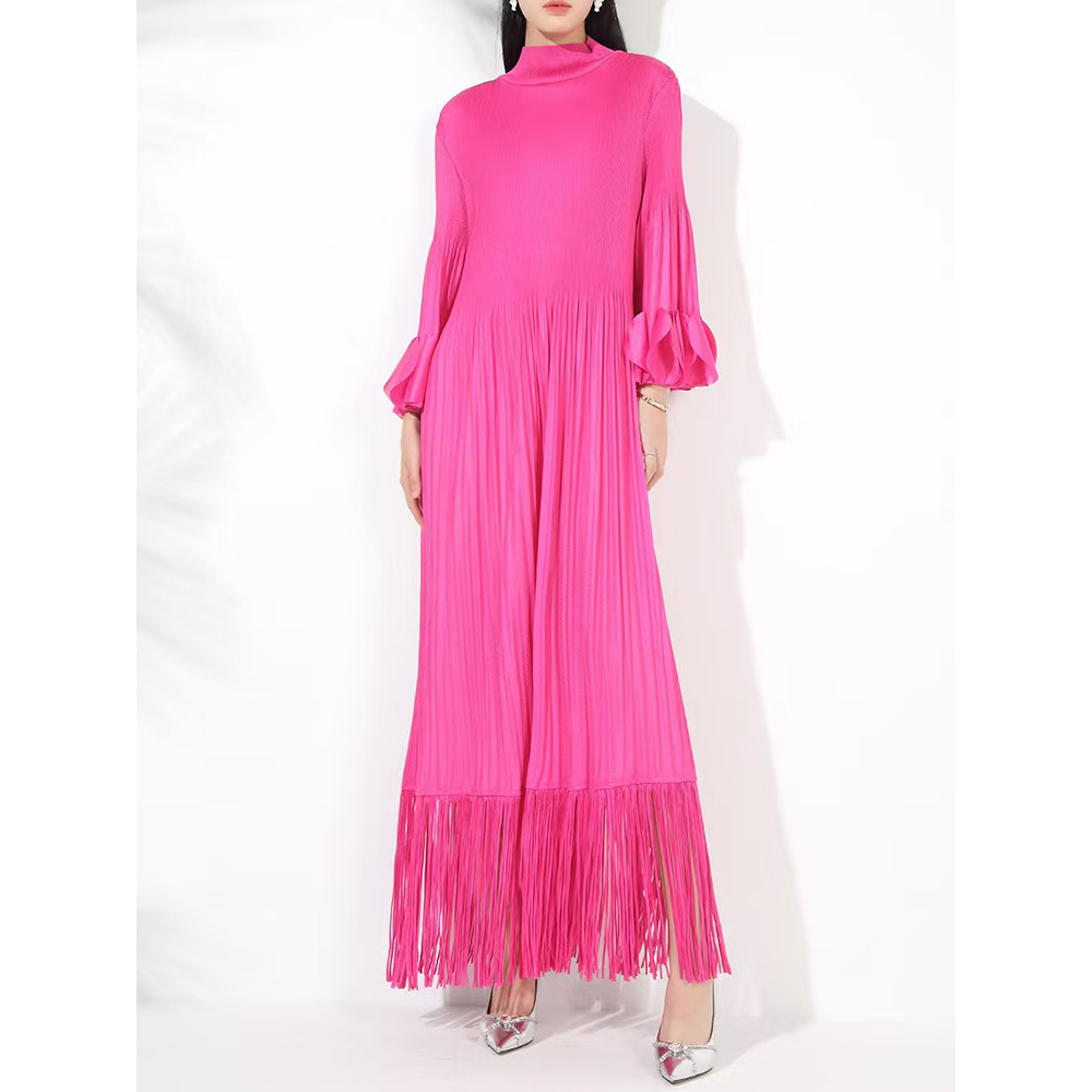Miyake Cross border European, American, Middle Eastern Tassel Fold Design with Petal Repair Solid Color Dress for Ladies, Long Sleeves, Mid length Skirt Miyake Cross border European, American, Middle Eastern Tassel Fold Design with Petal Repair Solid Color Dress for Ladies, Long Sleeves, Mid length Skirt