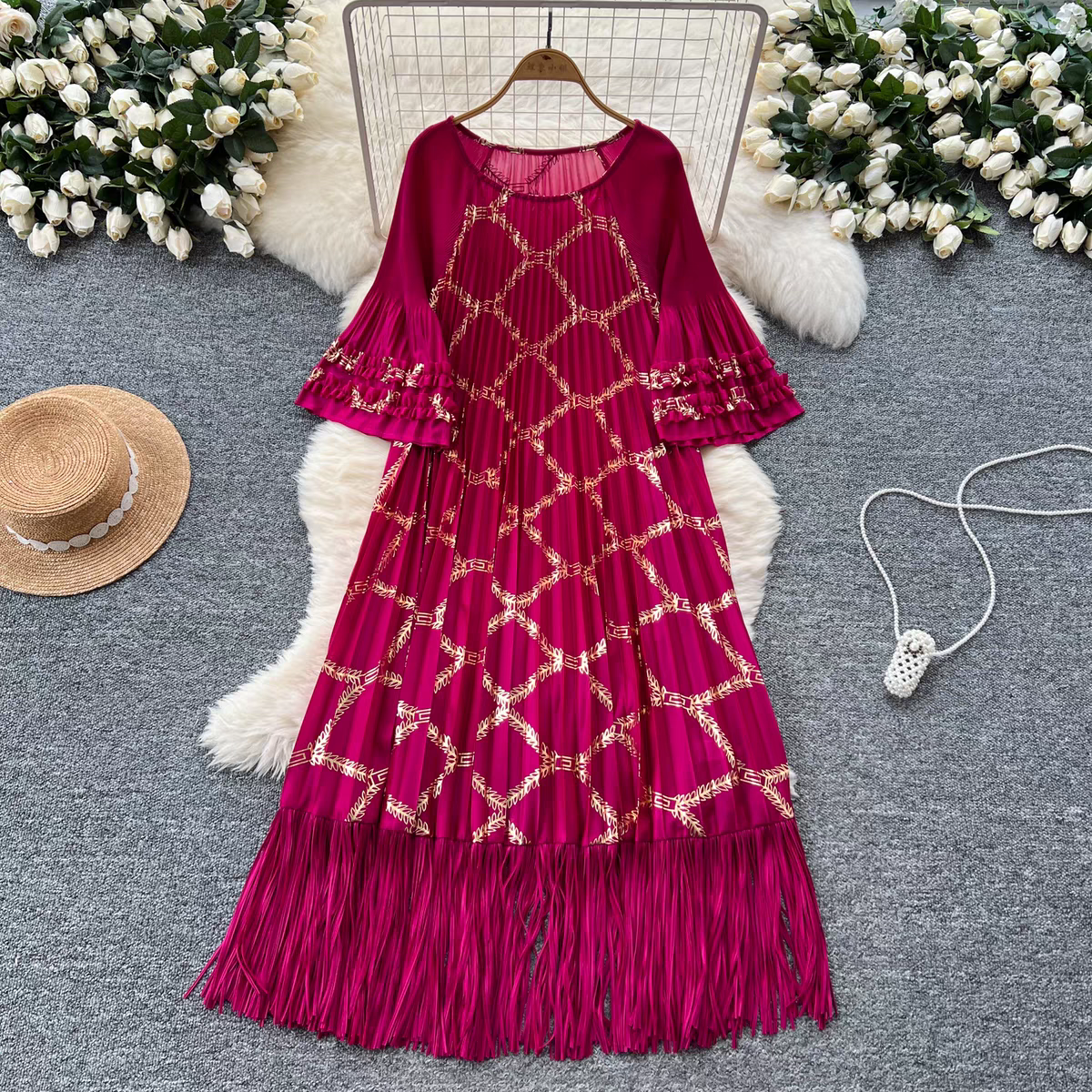 Miyake European and American cross-border hot stamping fashionable pleated dress with flared sleeves, large swing and hanging tassel long skirt, loose and slimming Miyake European and American cross-border hot stamping fashionable pleated dress with flared sleeves, large swing and hanging tassel long skirt, loose and slimming