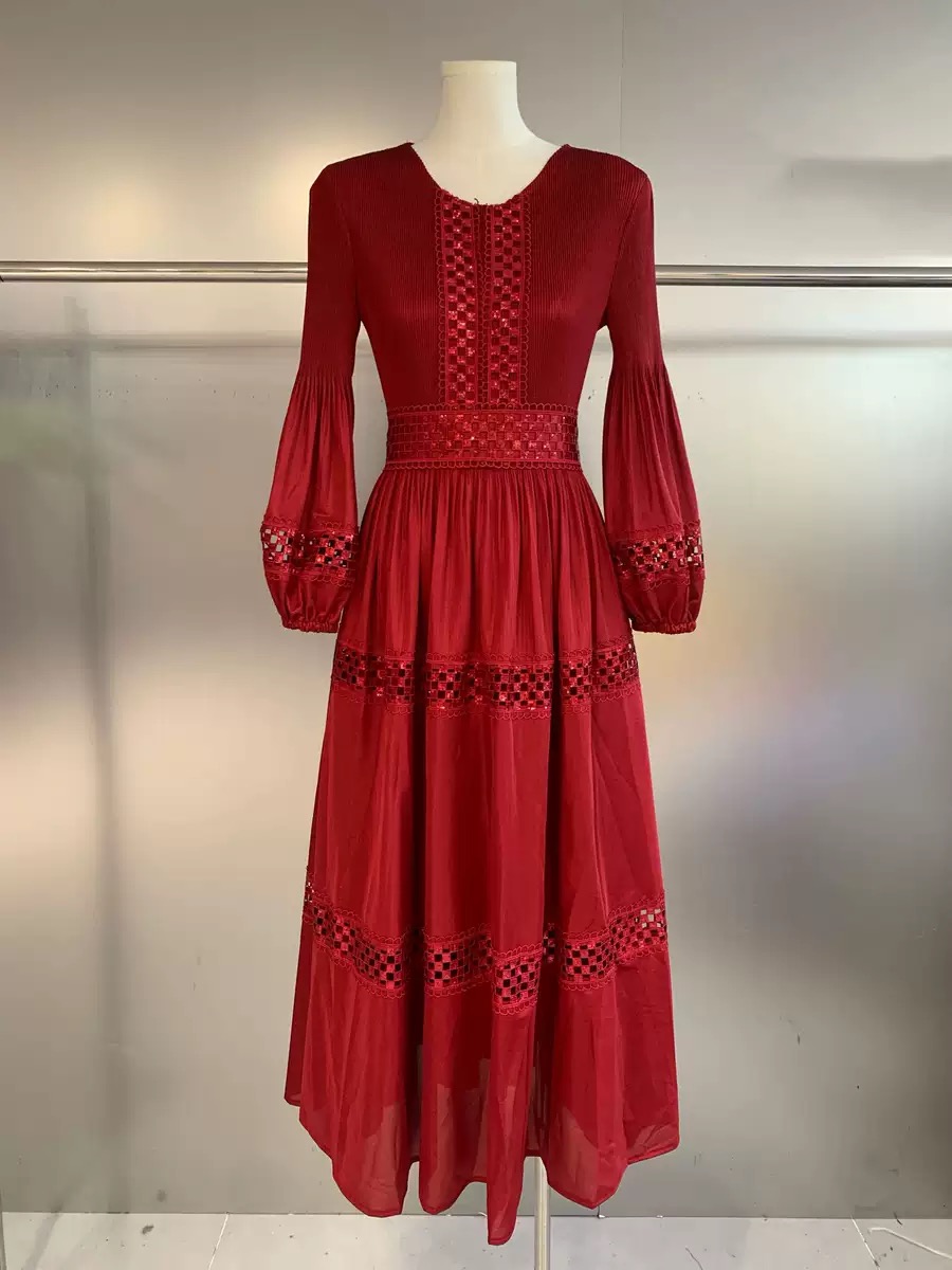 New cross-border three bedroom bohemian style embroidered lace hollow sequin pleated European, American, and African lace dress New cross-border three bedroom bohemian style embroidered lace hollow sequin pleated European, American, and African lace dress