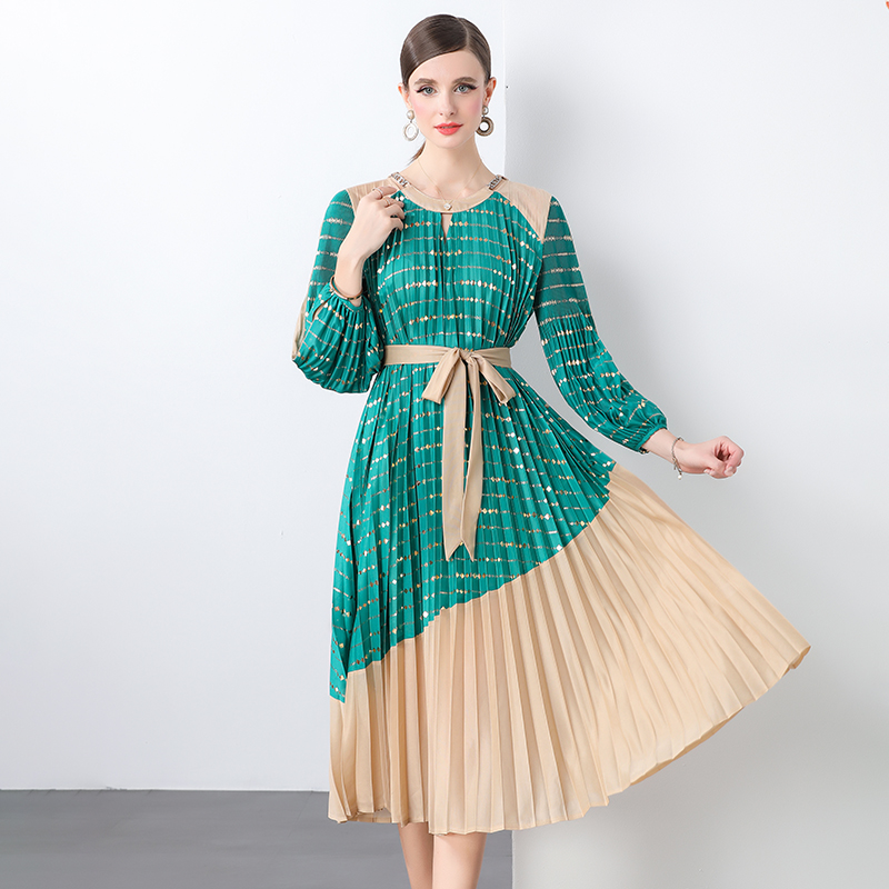 Miyake Design Round Neck Cross border High end Color Contrast Gold Plated Lantern Sleeves with Hundred Fold Large Women's Fold Dress from Europe and America