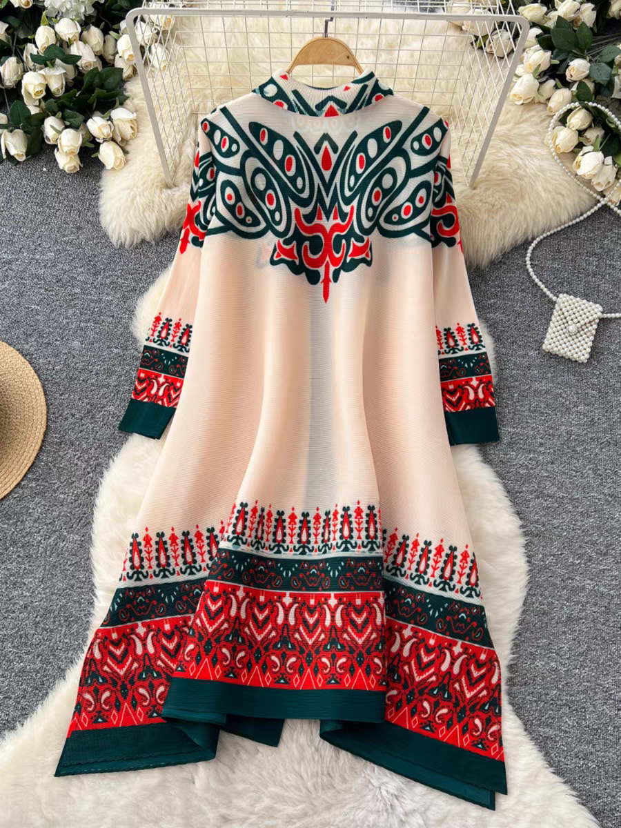 Sanzhai Spring and Autumn Mid length Loose Printed Slimming and Age Reducing Large Size MM Dress with Collar Fold and Nine Cent Sleeve Sanzhai Spring and Autumn Mid length Loose Printed Slimming and Age Reducing Large Size MM Dress with Collar Fold and Nine Cent Sleeve