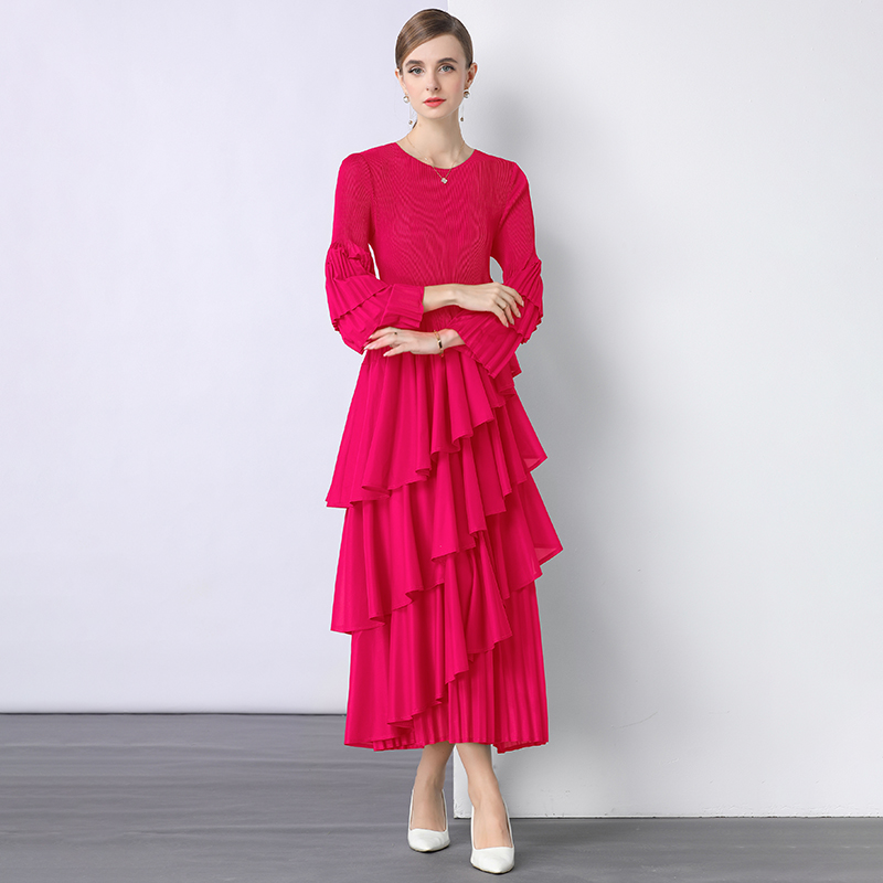 Miyake Cross border European and American Lotus Leaf Edge Cake Skirt Heavy duty Folded High Waist Long Sleeve Light Mature Wind Loose Hanging Dress Miyake Cross border European and American Lotus Leaf Edge Cake Skirt Heavy duty Folded High Waist Long Sleeve Light Mature Wind Loose Hanging Dress