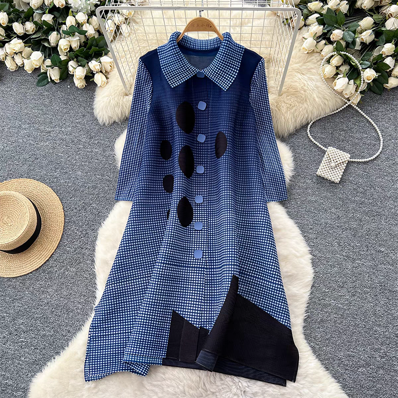 Sanzhai Spring and Autumn Mid length Loose Printed Slimming and Age Reducing Large Size MM Dress with Collar Fold and Nine Cent Sleeve Sanzhai Spring and Autumn Mid length Loose Printed Slimming and Age Reducing Large Size MM Dress with Collar Fold and Nine Cent Sleeve