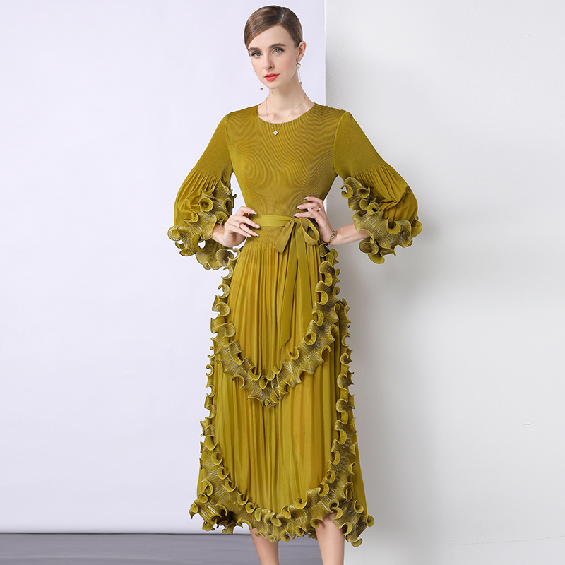 European and American court style hot stamping three bedroom dress with pleated fungus edges, high-end heavy industry cross-border loose waist dress European and American court style hot stamping three bedroom dress with pleated fungus edges, high-end heavy industry cross-border loose waist dress