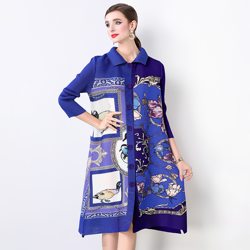 Sanzhai Spring and Autumn Mid length Loose Printed Slimming and Age Reducing Large Size MM Dress with Collar Fold and Nine Cent Sleeve Sanzhai Spring and Autumn Mid length Loose Printed Slimming and Age Reducing Large Size MM Dress with Collar Fold and Nine Cent Sleeve