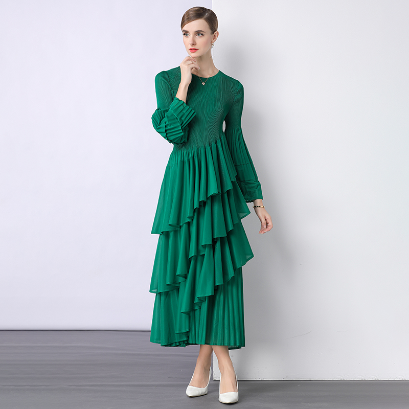 Miyake Cross border European and American Lotus Leaf Edge Cake Skirt Heavy duty Folded High Waist Long Sleeve Light Mature Wind Loose Hanging Dress Miyake Cross border European and American Lotus Leaf Edge Cake Skirt Heavy duty Folded High Waist Long Sleeve Light Mature Wind Loose Hanging Dress