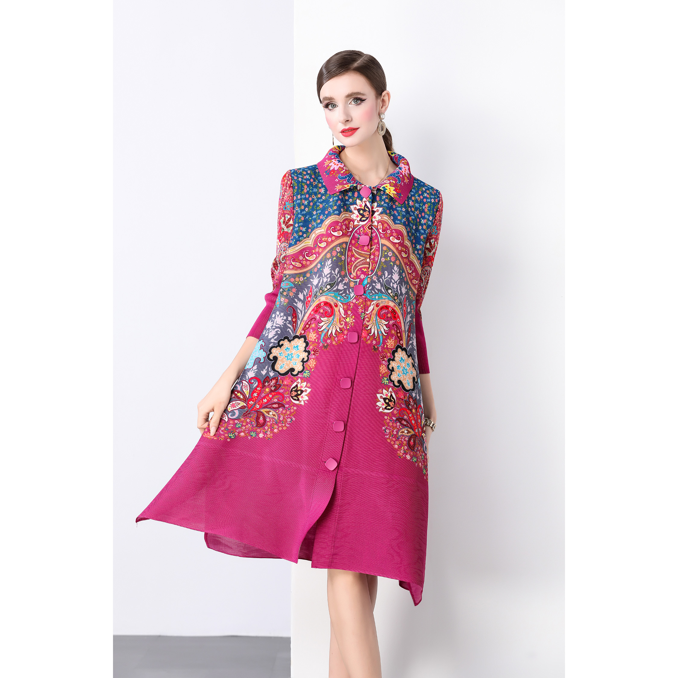 Sanzhai Spring and Autumn Mid length Loose Printed Slimming and Age Reducing Large Size MM Dress with Collar Fold and Nine Cent Sleeve Sanzhai Spring and Autumn Mid length Loose Printed Slimming and Age Reducing Large Size MM Dress with Collar Fold and Nine Cent Sleeve